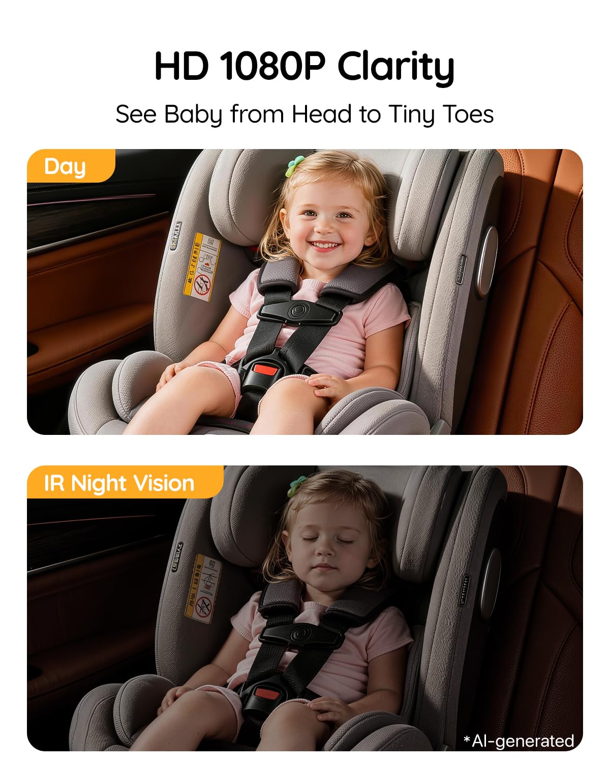 Babyvue USB Baby Car Camera, Backseat Monitor Car Seat Mirror | 1080P HD Easy Install, Auto IR Night Vision, 360° Rotating for Rear-Facing Kids Infant & New Parents(White)